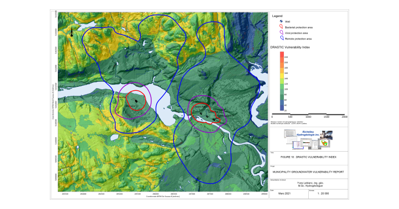 DRASTIC index groundwater vulnerability map created in Surfer