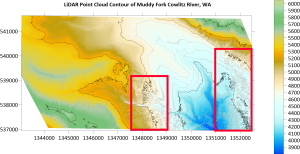 Contour map created in Surfer from LiDAR data displaying LiDAR noise