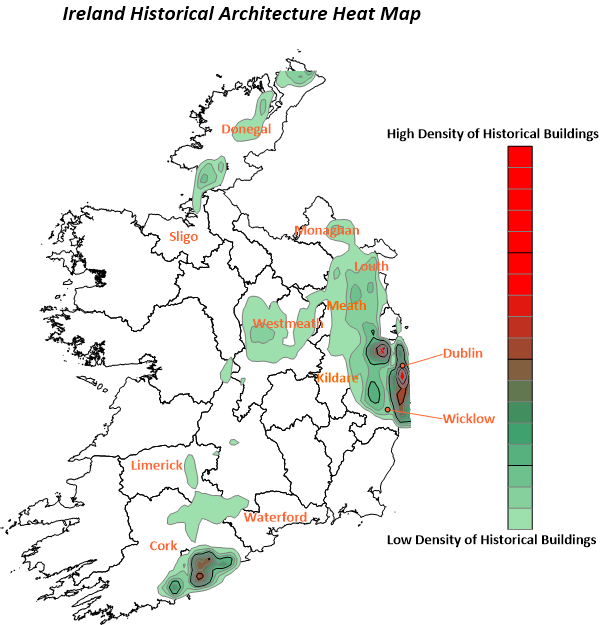 Density map created in Surfer highlighting which Ireland counties have the highest count of NIAH designated historical buildings