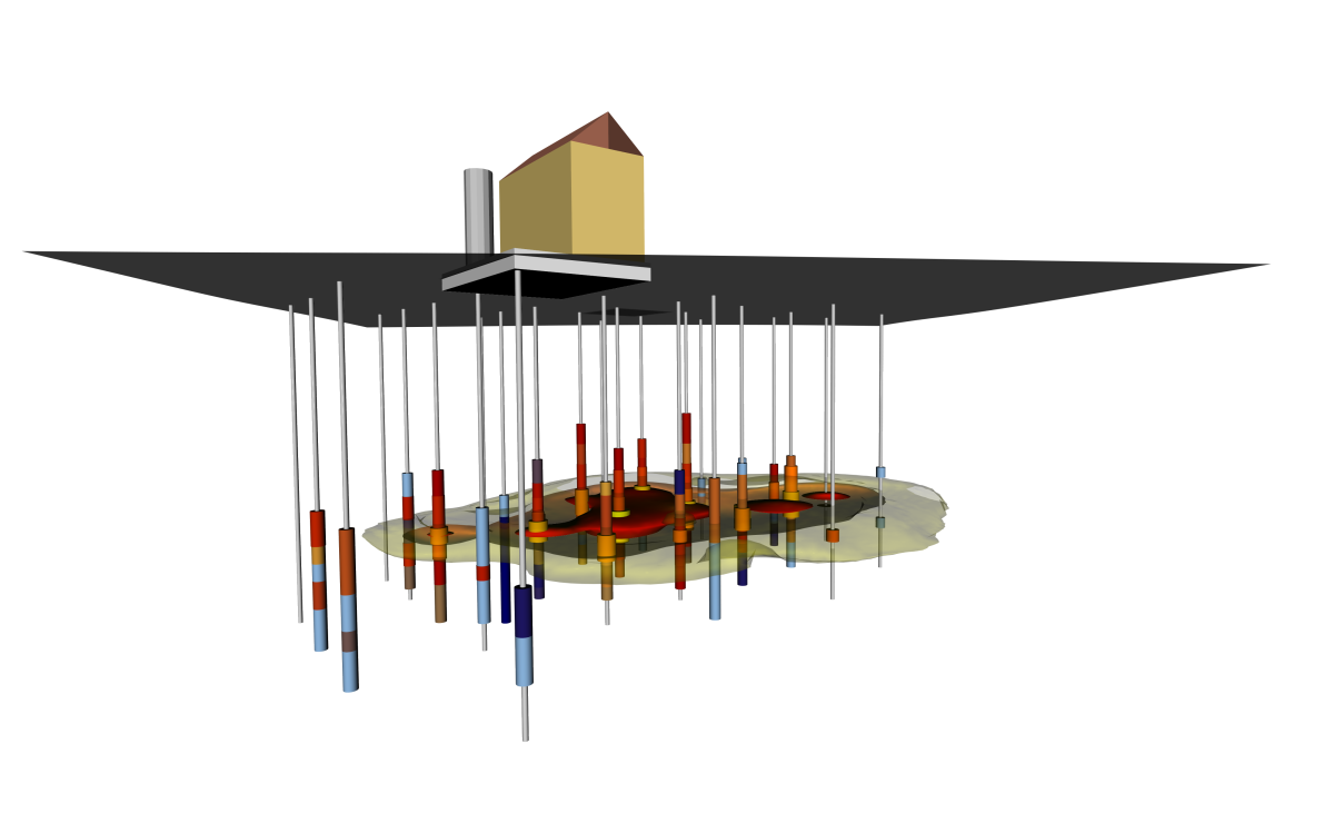 Complete 3D model showing interval data along the wells and the gridding results for key values