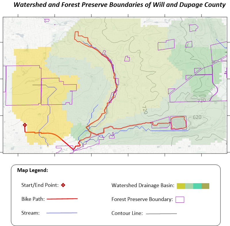 Watershed map along bike trails in Will County created from GPS data in Surfer